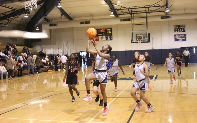 Genasia Wells goes for the goal during the seventh grade Lady Rams’ game against Hart County. (Photo by Wells)