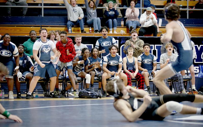 A host of Elbert County Comprehensive Mat Devils react as Carter Fleming wins a match against a Commerce opponent during the 8A Area Duals in the Inferno Jan. 7. The Devils finished third overall in the duals tournament, pitting them against the No. 2 seed, Lamar County, in the first round of the GHSA state playoffs. The first round will take place Jan. 14 at Mount Pisgah Christian School in Johns Creek. (Photo by Scoggins)