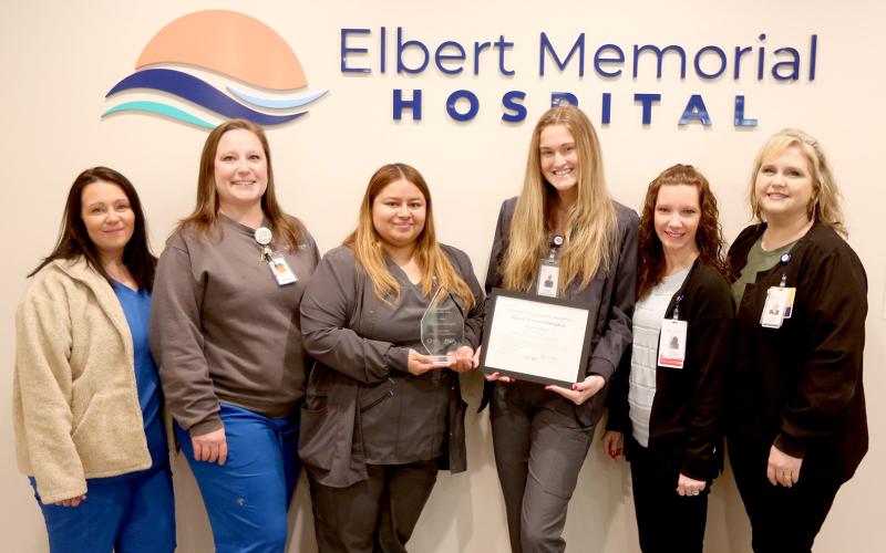 Pictured with Elbert Memorial Hospital’s patient safety and quality award are (L-R) Sarah Scott, RN, Sarah Lavere, RN, Jessica Bernal, CNA, Katie Johnson, CNA, Jessica Norris, Director of Quality and Tonya Chitwood, Interim CNO. (Photo by Scoggins)