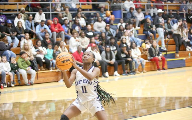 Senior Terrace Hester led the Lady Devils in scoring along with senior teammate Niya Moon. (Photo by Wells)