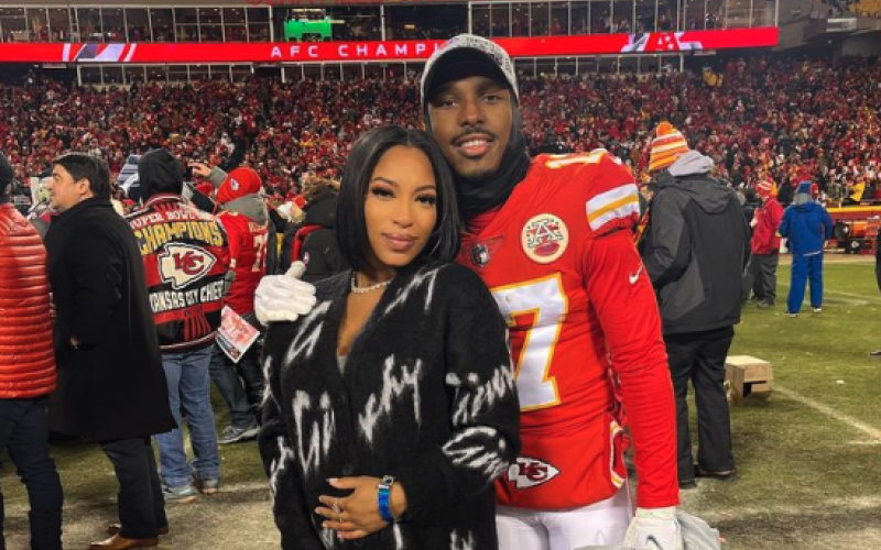 Former Blue Devil and University of Georgia Bulldog Mecole Hardman (right) welcomed a son with girlfriend Chariah Gordon (left) just hours after the Kansas City Chiefs won the Super Bowl Feb. 12. (Photo courtesy of Gordon’s social media)