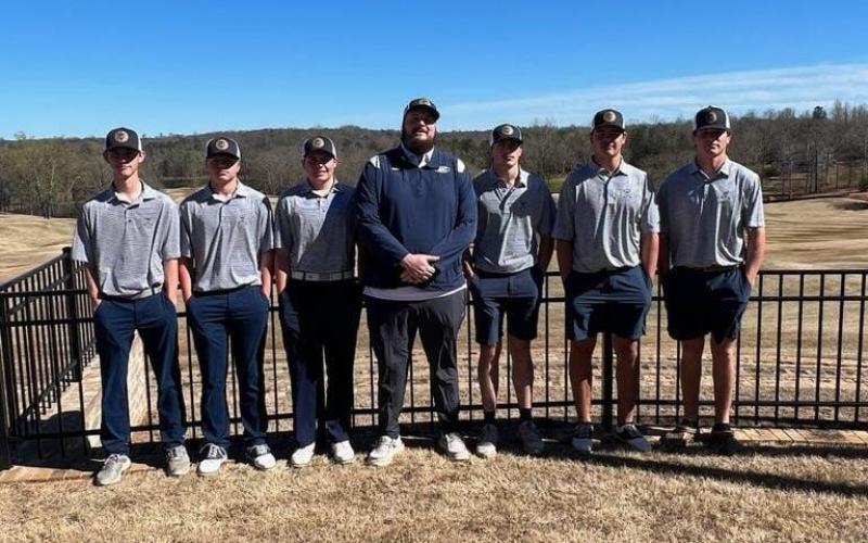 The Devils attended the Valhalla Cup at Chimney Oaks Golf Club in Homer March 4. Pictured during the boys’ tournament are (L-R) Landon Cagle, Hayden Marunich, Walker Layne, Assistant Coach Austin Peavler, Alex Dunbrack, Thomas Brady and Brady Starrett.