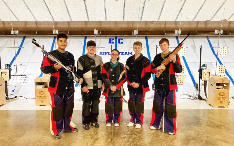 The Elbert County rifle team includes (L-R) Courtney Johnson, Palmer Matthews, Lina Keblish, Wyatt Stelter and Caleb Madden.
