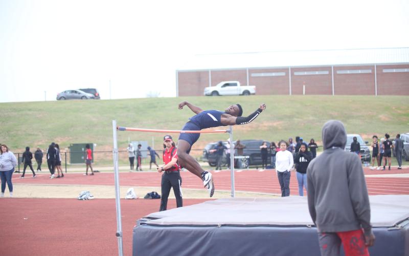 Blue Devil track and field member Jermaine Sims competed in the team’s first home meet Thursday, March 9. (Photo by Wells)