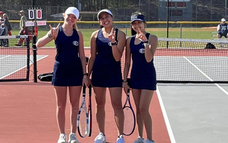 The Lady Devils tennis team, including (L-R) Jude Sanders, Emily Poon and Audrey Poon, finished in fourth place in the Region 8A-D1 tournament ar Rabun County April 12.