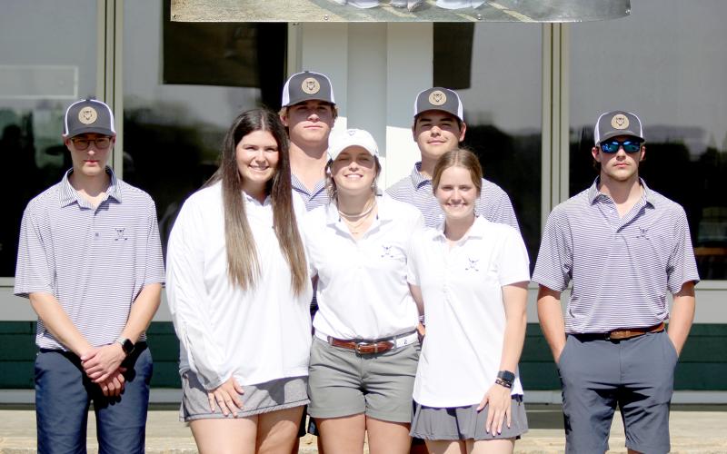 Golf seniors (front row, L-R) Jake Harper, Ava Dye, Abby Bryant, Emalise Andrews and Alex Dunbrack and (back row, L-R) Brady Starrett and Thomas Brady were honored during senior night March 30. (Photo by Wells)