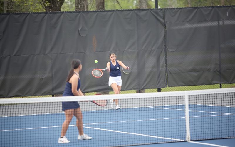 Lady Devil doubles partners Myla Warwick  (back) and Katie Nguyen (front) helped lead Elbert’s girls to securing the No. 3 seed heading into the Region 8A-D1 tournament. (Photo by Wells)