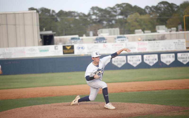 Haven Adams throws a pitch against Athens Christian at Diamond Devil field March 28. (Photo by Wells)