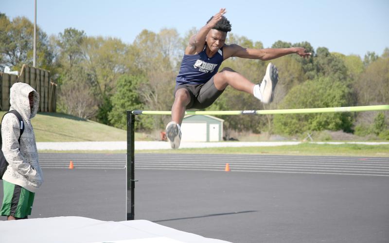 Devil D.K. Winn finished second in high jump during the Franklin County meet March 30. (Photo by Scoggins)