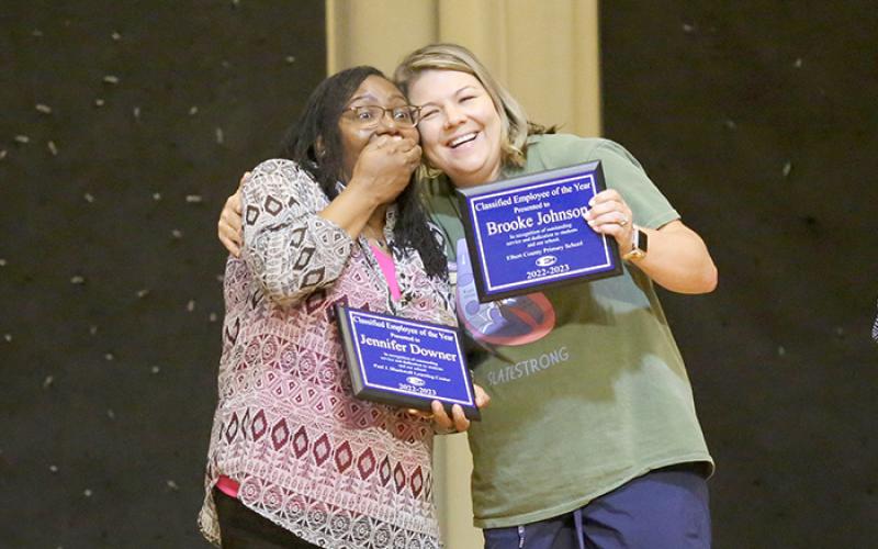 Jennifer Downer reacts to being named the Elbert County School District’s Classified Employee of the Year while receiving a hug from Brooke Johnson. (Photos by Wells)
