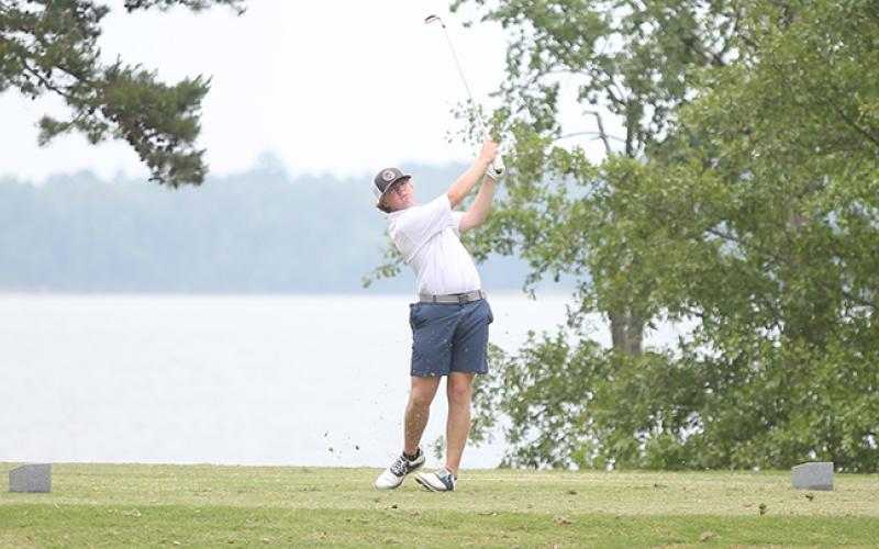 Junior Hayden Marunich was in full swing at Arrowhead Pointe Golf Course Monday at the start of the GHSA Single A Division 1 State Championship. (Photos by Wells)