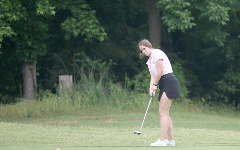 Senior Emalise Andrews was in full swing at Arrowhead Pointe Golf Course Monday at the start of the GHSA Single A Division 1 State Championship. (Photos by Wells)