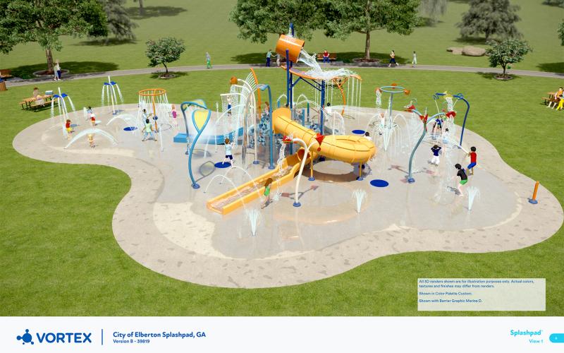 The City of Elberton approved a splash pad project that will be similar to the above 3D rendering from Vortex International. The 5,000 square foot project will include the splash pad with 40 water spray features, two slides and a dumping bucket as well as restrooms, a parking area and fencing.