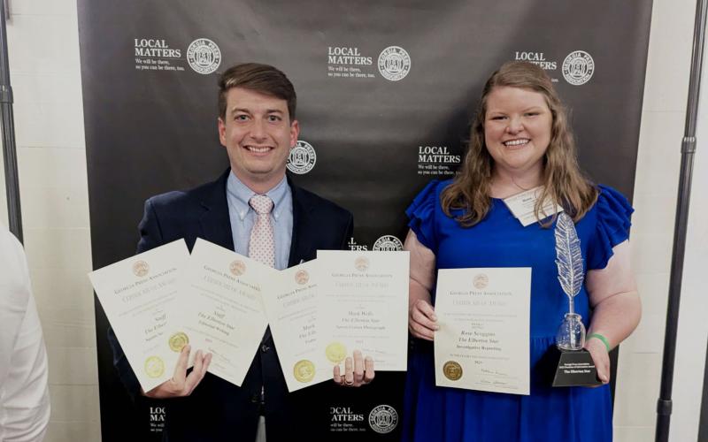 The Elberton Star brought home six awards in the Georgia Press Association’s Better Newspaper Contest. Awards included the prestigious Freedom of Information Award, first place for sports feature photo, second place for investigative reporting and third place for feature writing, editorial writing and sports section/pages. Pictured during the BNC Awards banquet on Jekyll Island are reporter Mark Wells (left) and editor/publisher Rose Scoggins (right).