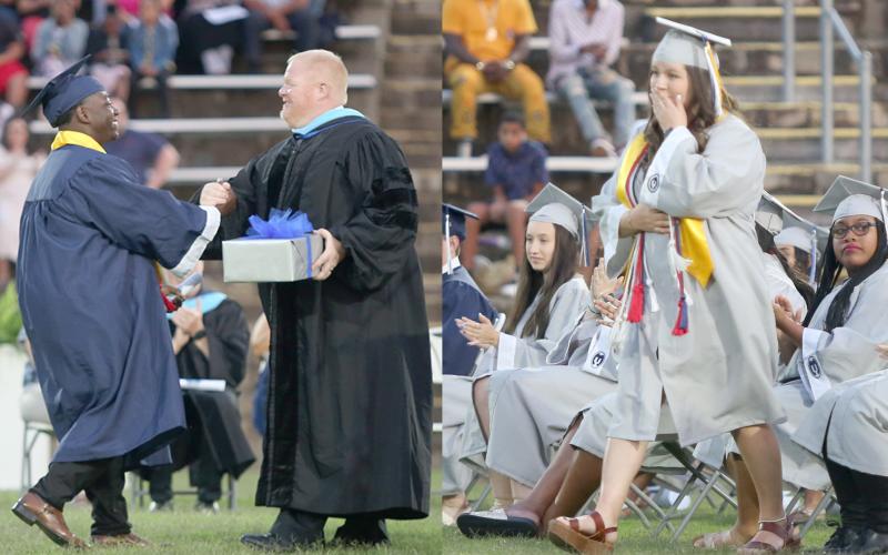 Graduating seniors Callie Moss (right) and Marquaveon “Quay” Johnson (left with Principal Josh Rider) were the recipients of Elbert County Comprehensive High School’s annual Faculty and Principal’s Cup.