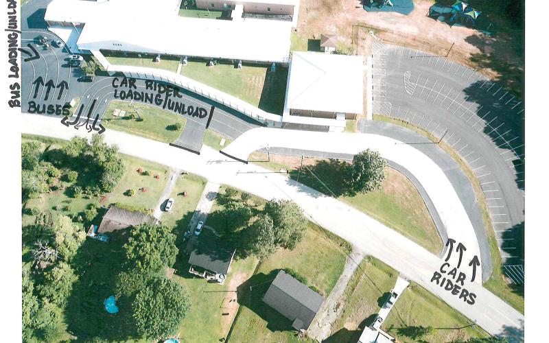 The above map shows the car rider and bus loading and unloading zones at the new Elbert County Primary School. Residents in the Ruckersville Road area near the school will see an increase in traffic with the new school. (Photo courtesy of the Elbert County School District)