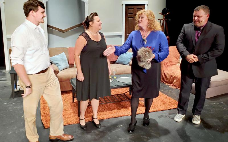 “Artifice” cast members (L-R) Walt Gaines as “Trent,” Jennifer White as “Maggie,” Amanda Gaines as “Judith” and Justin Mitchell as “Richard” will take The Elbert Theatre stage this weekend. (Photo by Toni King)