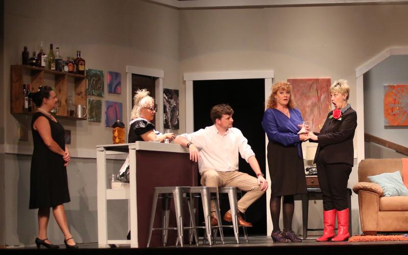 See “Artifice” cast members (L-R) Sonja Thompson as “Graciela,” Walt Gaines as “Trent Matlock,” Amanda Gaines as “Judith Fontaine” and Shirley Dillard as “Mick Fitzgerald” during the final weekend of performances at The Elbert Theatre Friday, Sept. 1 through Sunday, Sept. 3. (Photo by Wells)