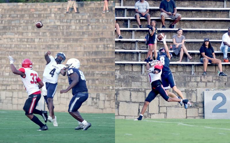 Left, senior Eli Harris catches a 48-yard touchdown pass from quarterback Jayvyn Hickman to score the Devils’ first touchdown during a scrimmage against Stephens County in the Granite Bowl Aug. 4. Right, Hickman throws a pass during the scrimmage. (Photos by Wells)