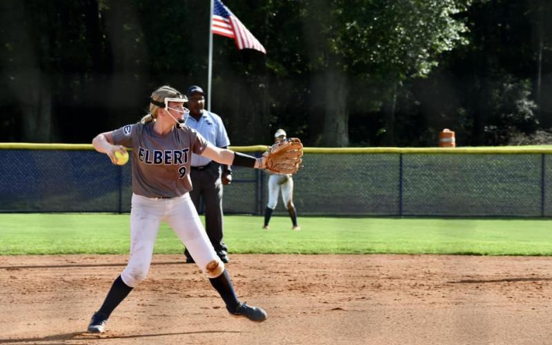 No. 9 Audrey Lunsford throws over to first base after fielding the ball in Elbert’s 14-2 win over Athens Christian Aug. 29. Lunsford finished the game going 2-for-3 at the plate with a home run, two RBIs and three runs. (Photo by Bethany Booth)