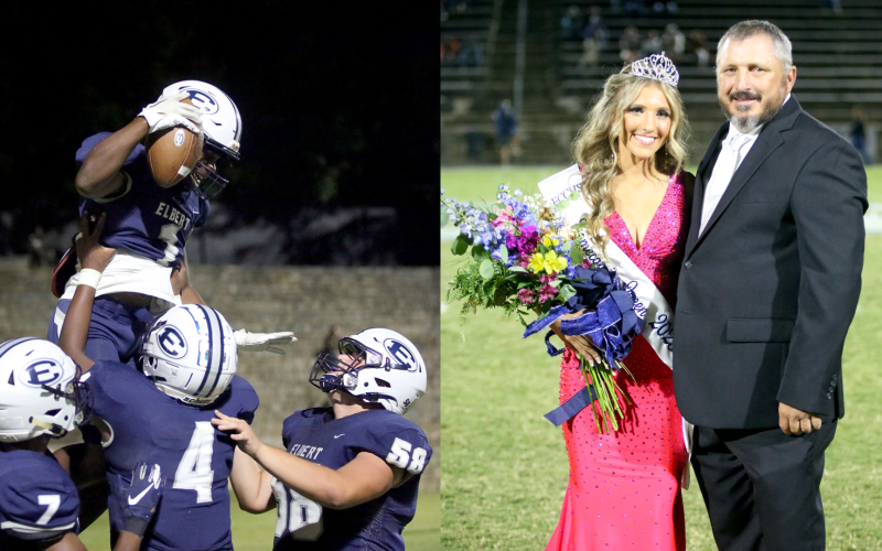 Left, Jayvyn Hickman (No. 4) lifts Ty’Rikis Jones (No. 1) into the air as Lucas Alcalde (No. 58) and D.K. Winn (No. 7) look on. Above, Gracie Brady poses with her father Jason Brady after being crowned homecoming queen. (Photos by Wells)