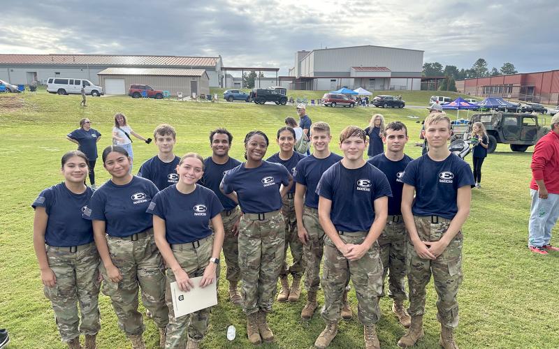 Above, pictured during Saturday’s meet in Winder are (L-R) Linda Garcia, Eva Garcia, Tyson Haigood, Commander Isabella Harpold, Jamaze Hall, Kel Tukes, Allison Medina, Wyatt Stelter, Commander Josiah Harkins, Colton Mabry and Tommy Beahringer. The Raiders brought home first and third place finishes during the meet.