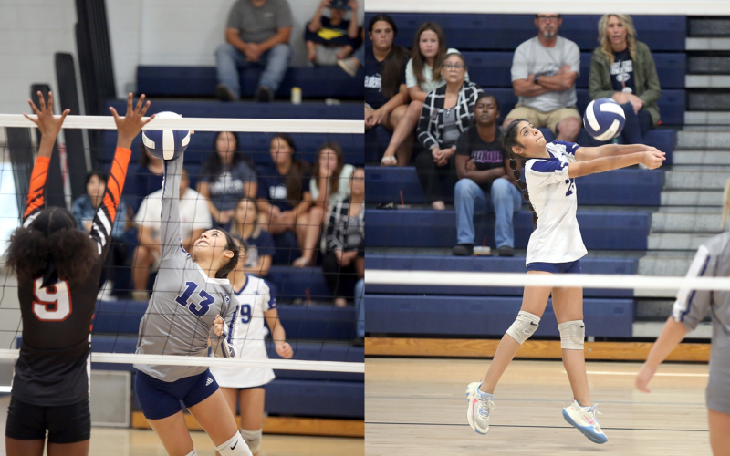 Left, Sophia Vargas leaps and spikes the ball during Elbert’s loss to Hart County Sept. 23. Right, Alexa Vargas bumps the ball over the net during the game against Hart. The Lady Rams finished in third place after falling to Hart in the second round. (Photos by Wells)