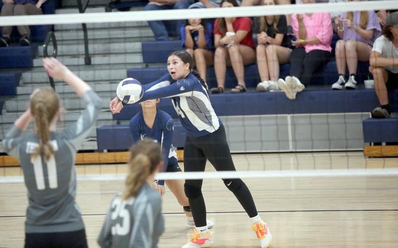 Zurina Dillard bumps the ball in Elbert’s 2-0 loss to Madison County Aug. 29.  (Photo by Wells)