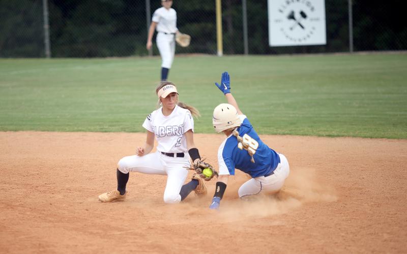 Lady Devil senior Gracie Brady slaps a tag on a Washington-Wilkes runner during Elbert County’s 5-1 win over the Lady Tigers Sept. 7. Brady finished the game going 1-for-2 at the plate with one RBI. The win over the Lady Tigers was Elbert’s sixth in a row and bumped Elbert to No. 7 in the Sept. 11 Coaches Box Georgia Class A Division 1 Coaches Poll. (Photo by Wells)