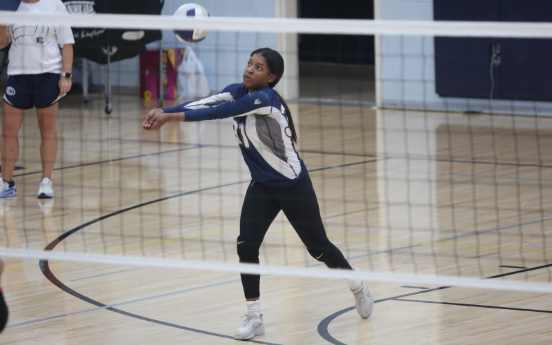 Volley Devil senior De’Asia Kinsey bumps the ball during Elbert’s 2-0 loss to Clarke Central Sept. 19. (Photo by Wells)