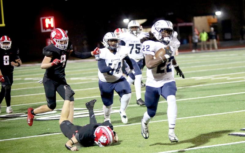 No. 22 Jacari Barnett leaves a Rabun County defender in his wake on his way to a 64-yard touchdown run to give Elbert a 7-0 lead in the first quarter of the win over Rabun Oct. 13. Barnett finished with 154-yards rushing on 28 carries with one touchdown.  (Photos by Wells)
