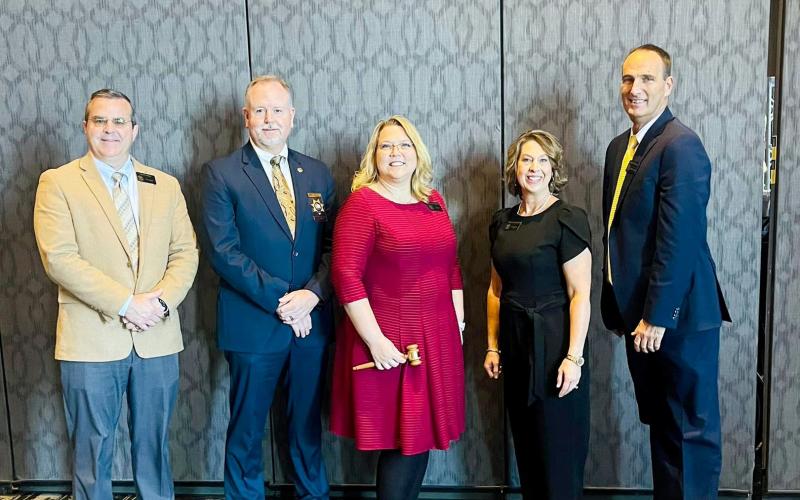 Officers for the coming year include (L-R) Floyd County Tax Commissioner Kevin Payne as vice president, Gilmer County Sheriff Stacy Nicholson as president elect, Hewell, Harris County Superior Court Clerk Stacy Haralson as past president and Gordon County Superior Court Clerk Grant Walraven as the secretary/treasurer.