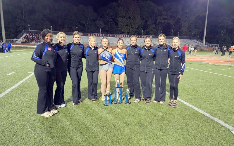 The Blue Devil majorettes pose with trophies won during the Lake Hartwell Marching Competition. (Photo submitted by Ansley McNeese)
