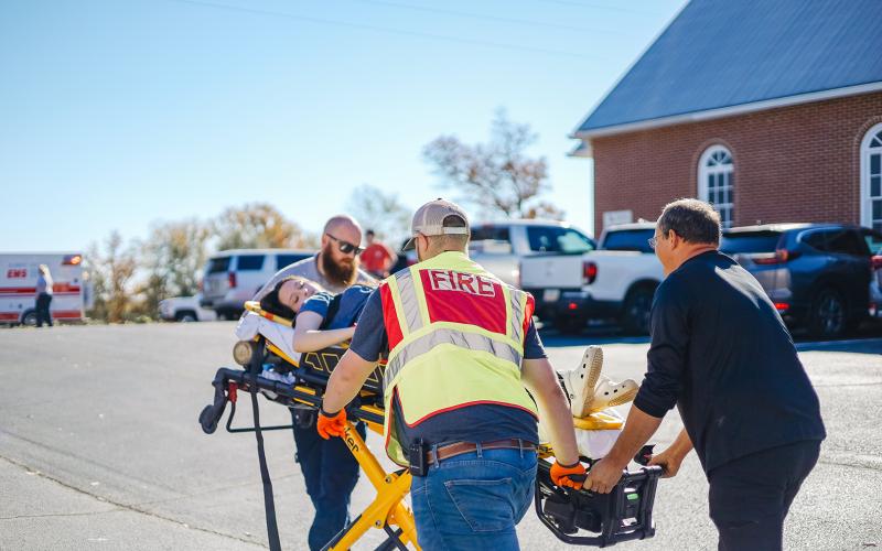 Members of Elbert County Emergency Services, the Elbert County Fire Department, Elbert County Sheriff's Office and first responders helped take part in an active shooter training drill at Pleasant Grove Baptist Church in Bowman Nov. 18. (Photo by Leslie Corbett)