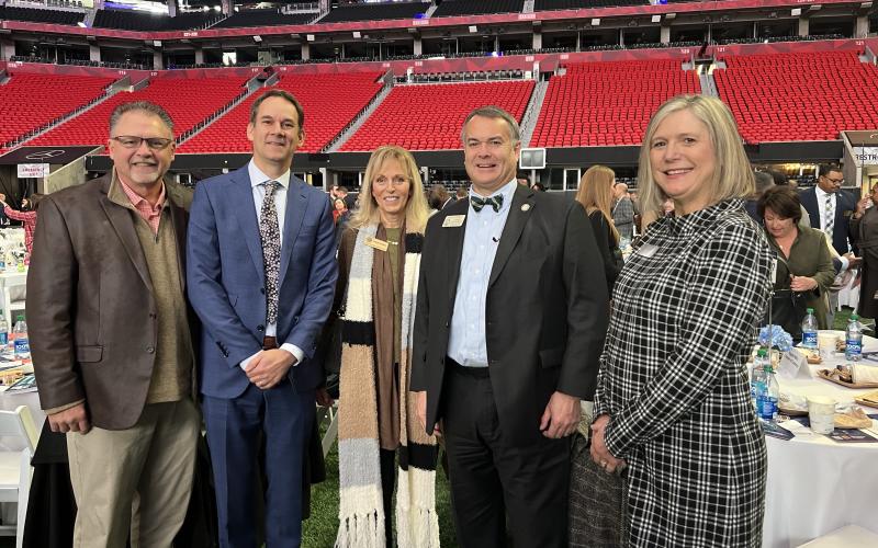 Elbert County was well represented during the annual Eggs and Issues breakfast sponsored by the Georgia Chamber of Commerce at Mercedes-Benz Stadium Jan. 10. Pictured are (L-R) Elbert County Chamber of Commerce Board Member Quinn Floyd, also of AQ Stone Designs, Mayor Daniel Graves, Georgia Vocational Rehabilitation Agency Board Secretary and Friends Helping Friends Club, Inc. Founding President Sandy Adams, Georgia House Rep. Rob Leverett and Athens Technical College President Andrea Daniel.