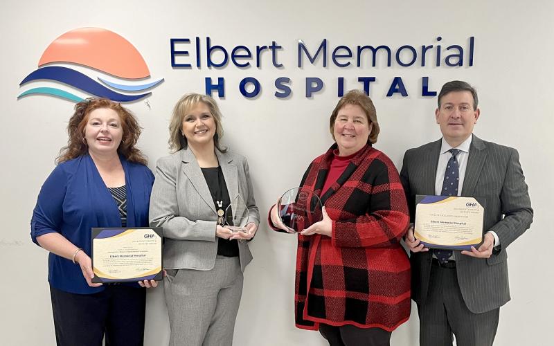 Pictured with Elbert Memorial Hospital's recent quality and patient safety awards are (L-R) Director of Compliance and Quality Kellie Smith, Chief Nursing Officer Tonya Chitwood, Chief Operating Officer Tammy Harlow and Chief Executive Officer Tyler Taylor.