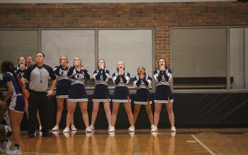 The Elbert County basketball cheerleaders lead the fans in a cheer during Elbert’s Jan. 12 game against Athens Christian. (Photo by Wells)