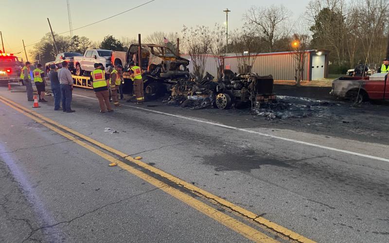 A vehicle fire near the four-way stop in Bowman temporarily shut down access to Highway 17 and Highway 172 in the afternoon of Feb. 14. (Photo courtesy of Elbert County Emergency Services)