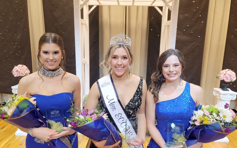 Elbert County Comprehensive High School senior Georgia Phillips (center) was crowned Miss ECCHS 2024 during the annual Miss ECCHS pageant Saturday, Feb. 3 in the Elbert County Middle School auditorium. Senior Cile Hall (right) was the first runner-up while freshman Lila Layne (left) was the second runner up.