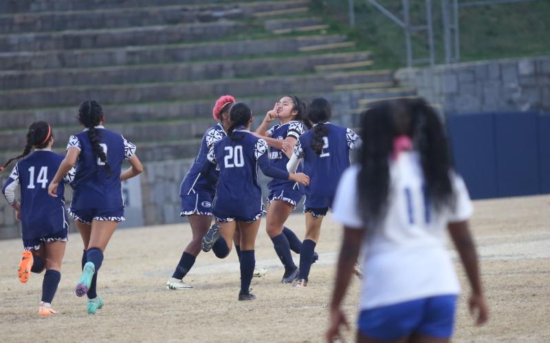 Victoria Medellin celebrates after scoring a goal off of a free kick in Elbert’s win over Barrow. (Photo by Wells)