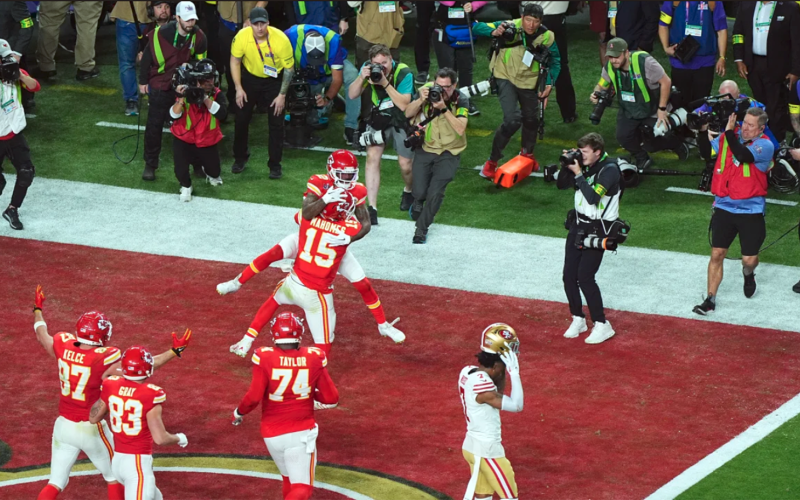 Hardman and Mahomes celebrate the win. Hardman has now won three Super Bowl titles with the Chiefs, two of which are back-to-back wins in the 2023 and 2024 Super Bowls. (Photo courtesy of the Kansas City Chiefs at Chiefs.com.)