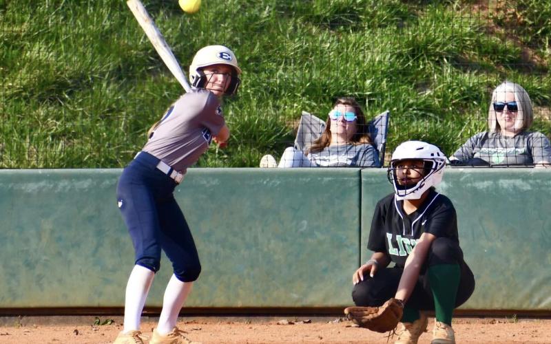 Lady Devil senior Gracie Brady waits on a pitch during Elbert’s scrimmage against Franklin County March 14. (Photo Courtesy of Elbert County True Blue)