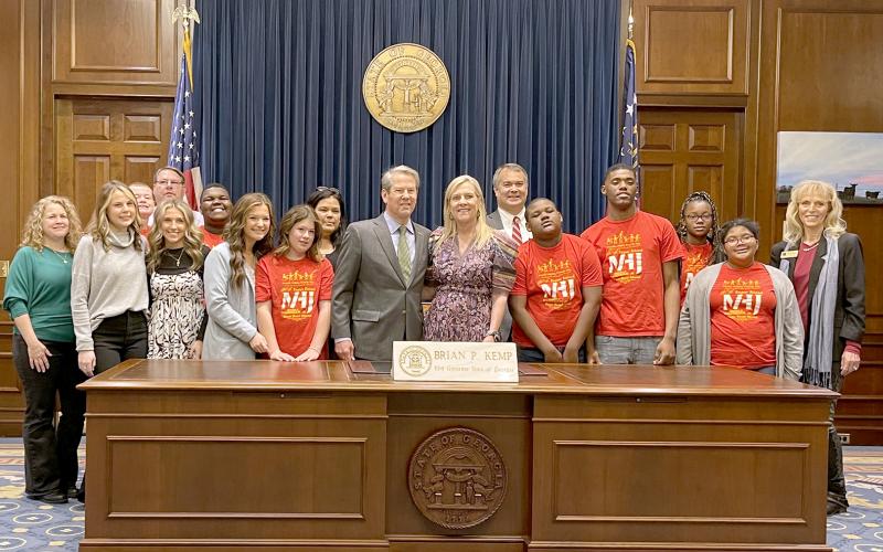Pictured with Gov. Brian Kemp and First Lady Marty Kemp are (L-R) Chrystal Thomas, Chloe Robertson, Clay Guest, Greg Hall, Gracie Brady, Jaquarious Davis, Candance Burnette, Isabella Burton, Jerrie Floyd, Gov. Brian Kemp, First Lady Marty Kemp, Rep. Rob Leverett, Nicholas Fortson, Amarian Jones, Megan Allen, Caliya Bronner and FHF, Inc. President Sandy Adams.