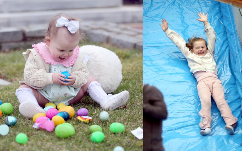Left, Lella Wells smiles over her stash of brightly colored Easter eggs following Main Street Elberton's Easter egg hunt on the downtown square Monday, March 25. Right, the bouncy house slide brought joy during the event. See more pictures on page 4B. (Photos by Wells)