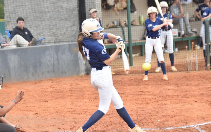 Hannah Brady makes contact with the ball during the game against the Lady Lions. (Photo by Shane Scoggins of the Franklin County Citizen)