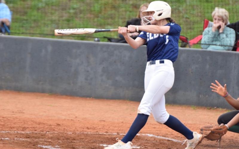 Bellamy Nash puts the ball in play during Elbert’s loss to Franklin in the first game of a doubleheader March 27. (Photo by Shane Scoggins of the Franklin County Citizen)