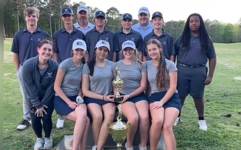 The Devils and Lady Devils golf teams pose with the Border War trophy after beating Hart County and Franklin County in three, nine-hole matches held at the home course for each team. (Photo courtesy of Elbert County Golf)