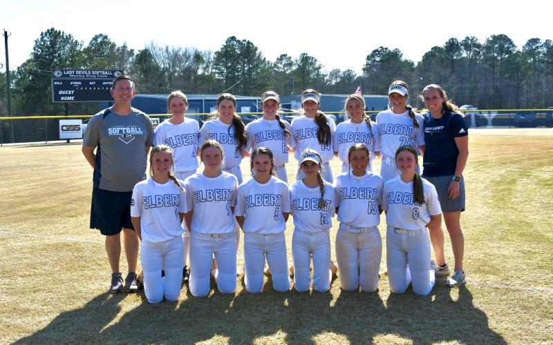 The Elbert County Comprehensive High School slow pitch softball team includes Hannah Brady, Gracie Brady, Emily Booth, Kamryn Webb, Miller Drake, Bellamy Nash, Peyton Jenkins, Erica Christian, Jayda Wood, Casey Peters, Madison Dye and Audrey Lunsford. The slow pitch softball team is coached by Head Coach Josh Jones and Coach Sarah Fuller. (Photo by Mercer Harris)