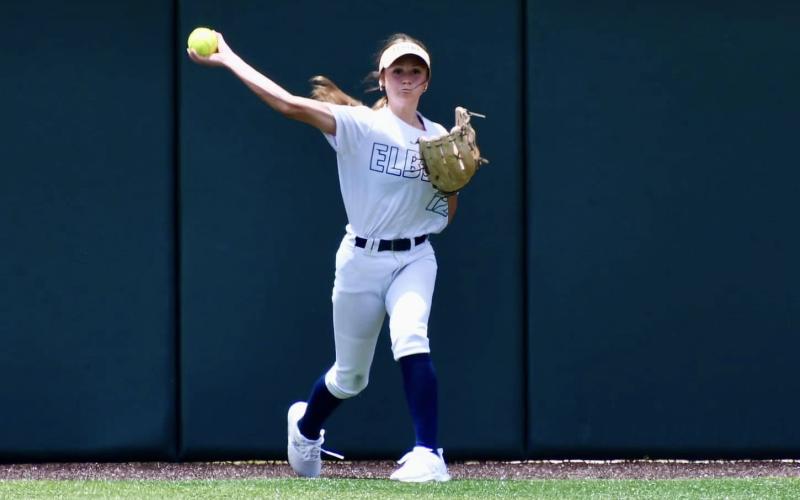 Emily Booth throws the ball in during her perfect outfield performance where she played 14 innings without a fielding error. (Photo submitted by Bethany Booth)