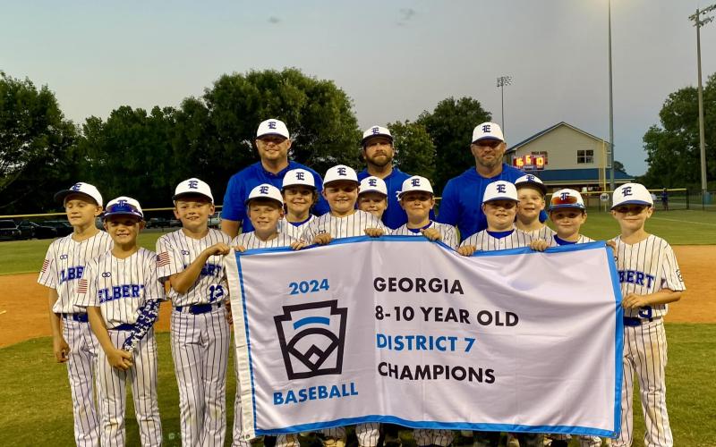 The Elbert County 8-to-10-year-old Baseball team includes (front row, L-R) Lucas Aston, Eli Aston, Haynes Bone, Rhett Oakley, Beckett Dixon, Maddox Bellew, Job Wilder, Owen Albertson, Brodie Bagwell, Linkin Johnson, Harris Amabile and Remi Mills. The team is coached by (back row, L-R) Kyle Bagwell, Matt Amabile and Justin Bellew. (Photo courtesy of Elbert County Little League)